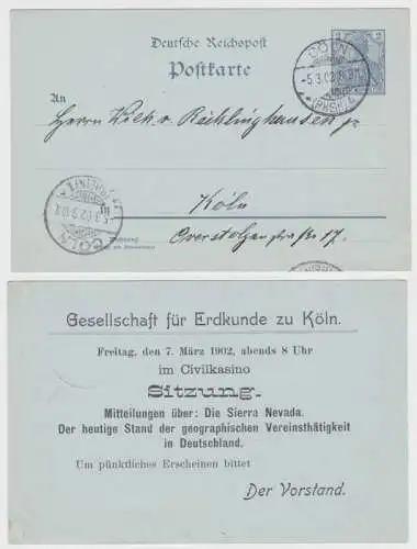 39705 DR Ganzsachen Postkarte P49 Zudruck Gesellschaft für Erdkunde Köln 1902