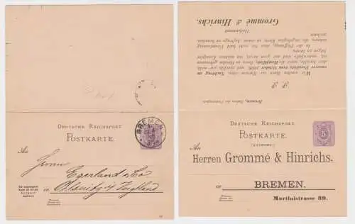 41665 DR Ganzsachen Postkarte P19 Zudruck Grommé & Hinrichs Bremen 1890