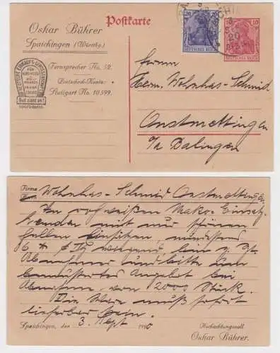 31599 DR Ganzsachen Postkarte P108 Zudruck Oskar Bührer Spaichingen 1920