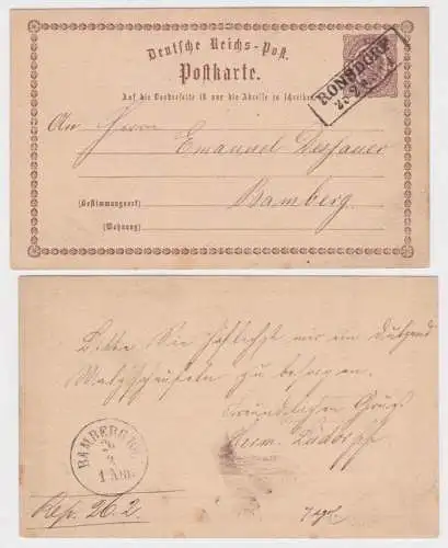 97621 DR Ganzsachen Postkarte P1 Ronsdorf nach Bamberg 1874