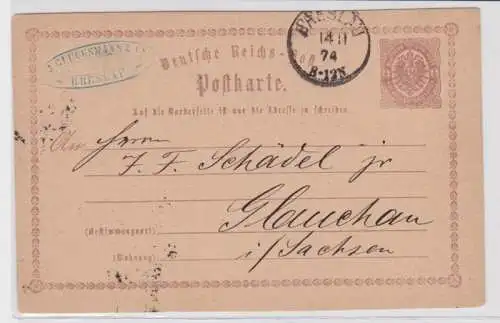 96959 DR Ganzsachen Postkarte P1 J. Glücksmann & Co. Breslau nach Glauchau 1874