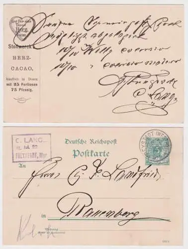 51213 DR Ganzsachen Postkarte PP9/ G12 Reklame Stollwercks Herz Cacao 1892