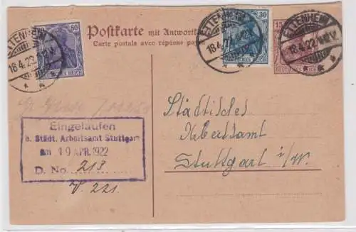 97905 DR Ganzsachen Postkarte P118F Ettenheim an das Städt. Arbeitsamt Stuttgart