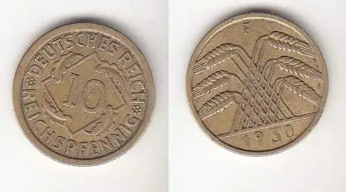 10 Reichspfennig Messing Münze Deutsches Reich 1930 F, Jäger 317 (112442)