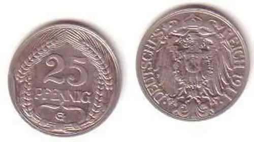 25 Pfennig Nickel Münze Deutsches Reich 1911 G Jäger 18