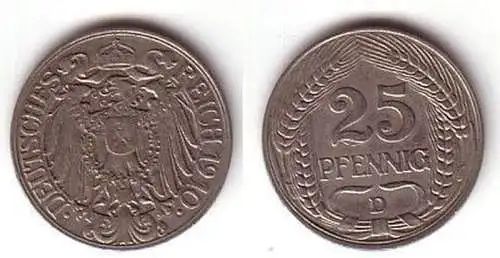 25 Pfennig Nickel Münze Kaiserreich 1910 D