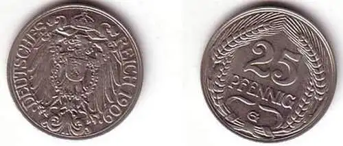 25 Pfennig Nickel Münze Kaiserreich 1909 G