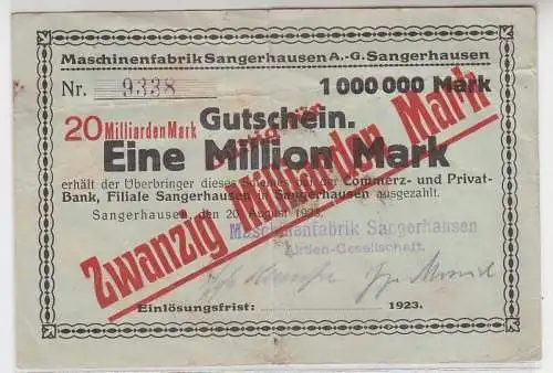 20 Milliarden Mark Banknote Inflation Maschinenfabrik Sangerhausen 30.9.1923