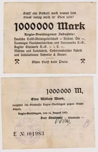 1 Million Mark Banknote Regis Breitingener Industrie 16.8.1923 (120749)