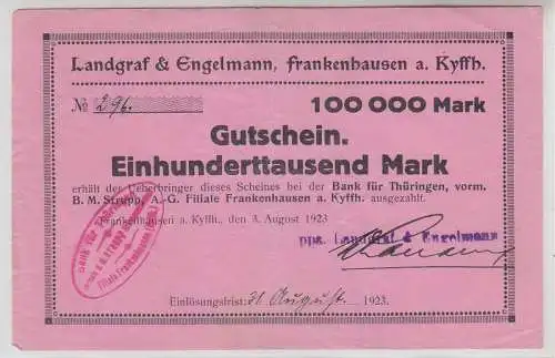 100000 Mark Banknote Inflation Landgraf & Engelmann Frankenhausen a. Kyffh. 1923