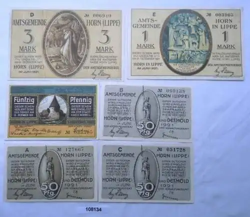 6 Banknoten Notgeld Amtsgemeinde Horn Lippe 1921