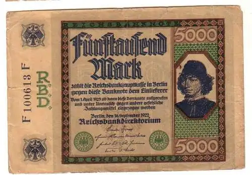 5000 Mark Inflations Banknote 16.9.1922 Rosenberg Nr.76