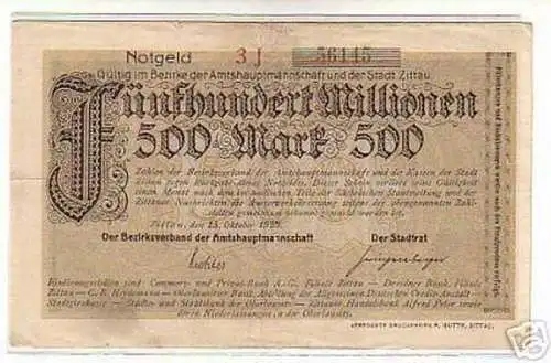 Rare Banknote Inflation 500 Millionen Mark Zittau 1923