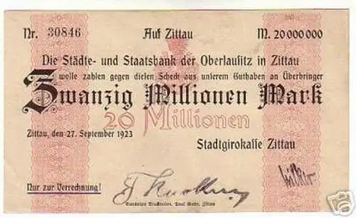 Rare Banknote Inflation 20 Millionen Mark Zittau 1923