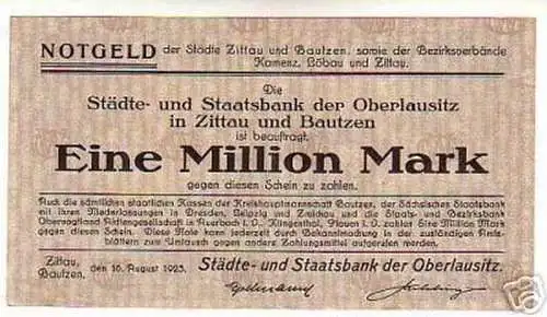 rare Banknote Inflation 1 Million Mark Zittau 16.8.1923