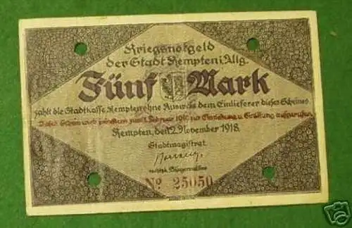 Banknote Kriegsnotgeld der Stadt Kempten im Allg. 1918