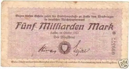 Banknote Inflation 5 Mrd. Mark Halle Otober.1923