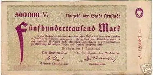 seltene Banknote Inflation 500000 Mark Stadt Arnstadt