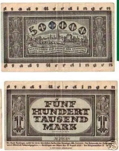 Banknote Inflation 500000 Mark Stadt Uerdingen 1923