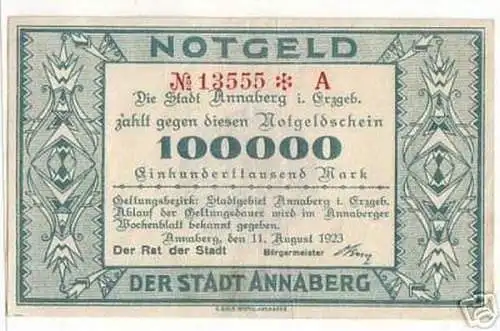 rare Banknote Inflation 100000 Mark Annaberg 11.8.1923