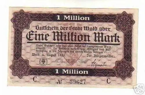 seltene Banknote Inflation 1 Million Mark Stadt Wald