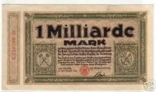 Banknote Inflation 1 Milliarde Mark Stadt Duisburg 1923