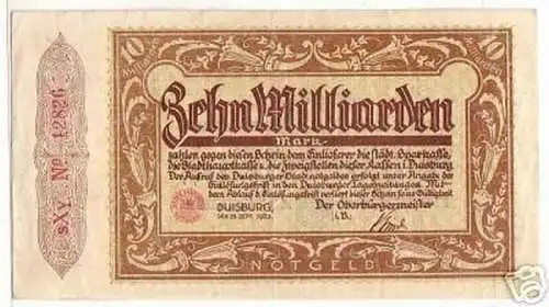 Banknote Inflation 10 Milliarden Stadt Duisburg 1923