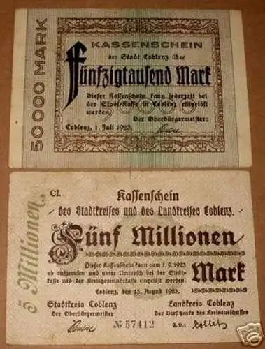 2 rare Banknote Inflation Stadt Coblenz 1923