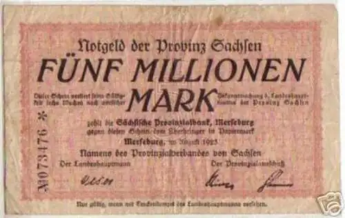 Banknote 5 Millionen Mark Inflation Merseburg 1923