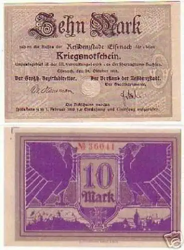 10 Mark Banknote Kriegsnotgeld Stadt Eisenach 1918