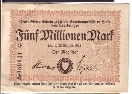 Banknote Inflation 5 Millionen Stadthauptkasse Halle 28.08.1923