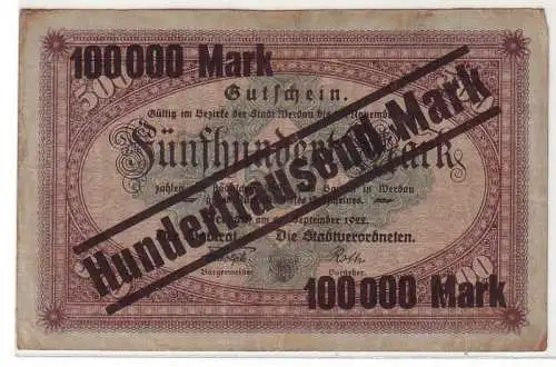 alte Banknoten Inflation 100000 Mark Überdruck auf 500 Mark Werdau 1922