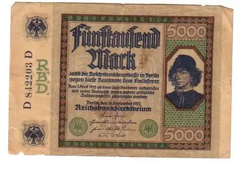 5000 Mark Inflations Banknote 16.9.1922 Rosenberg Nr.76