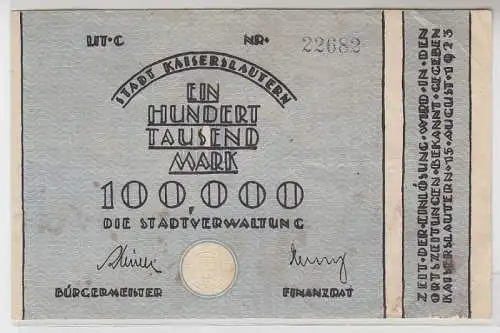 100000 Mark Banknote Inflation Stadt Kaiserslautern 15.08.1923