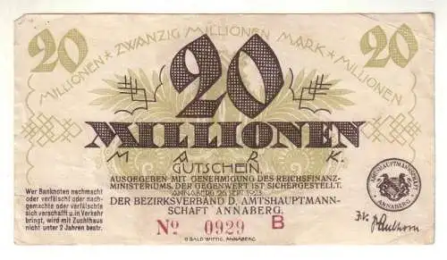 Banknote Inflation 20 Millionen Mark Amtshauptmannschaft Annaberg 1923