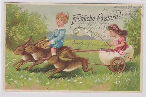 87541 Glückwunsch AK Fröhliche Ostern! Kinder in Eierschalen Kutsche, Hase zieht