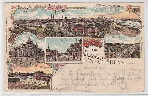 98502 Lithographie Ak Gruss aus Ludwigshafen - Post, Bahnhof, Rheinbrücke, Markt