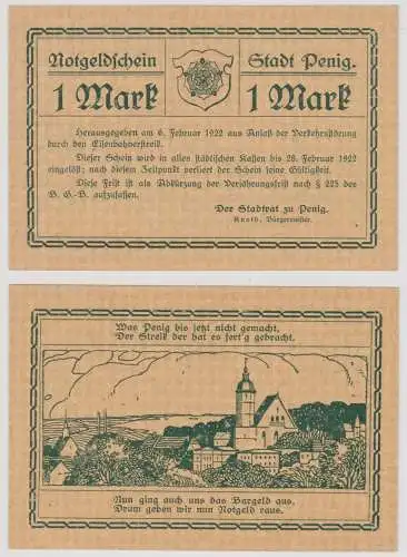 seltene Banknote Notgeld 1 Mark Stadt Penig 6.2.1922 (137029)