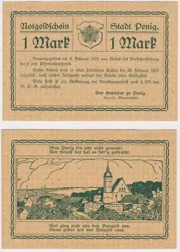 seltene Banknote Notgeld 1 Mark Stadt Penig 6.2.1922 (134238)