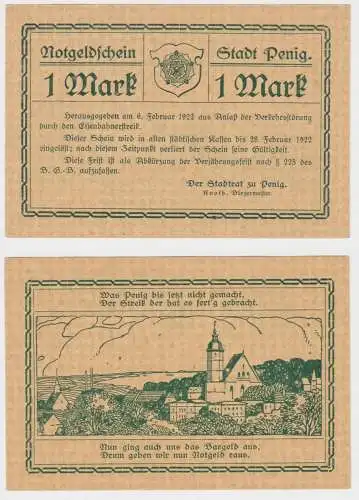 seltene Banknote Notgeld 1 Mark Stadt Penig 6.2.1922 (137702)