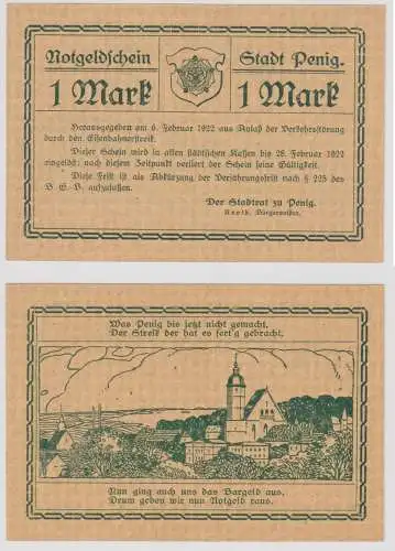 seltene Banknote Notgeld 1 Mark Stadt Penig 6.2.1922 (130151)