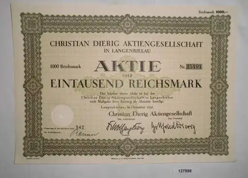 1000 Reichsmark Aktie Christian Dierig AG Langenbielau Dezember 1941 (127998)