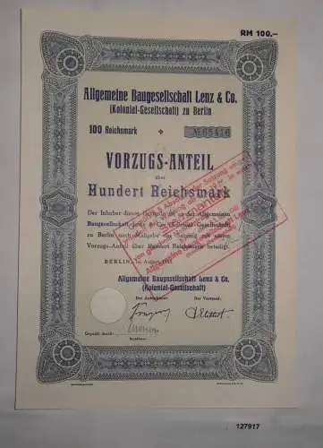 100 Mark Aktie Aktiengesellschaft für Baugesellschaft Lenz Berlin 1935 (127917)