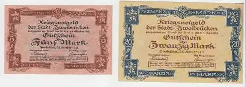 5 und 20 Mark Banknoten Kriegsnotgeld Stadt Zweibrücken 1918 (108659)