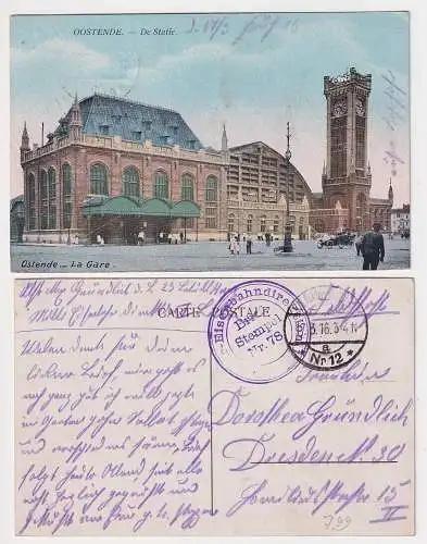 87307 Feldpost Ak Ostende mit Stempel Militär Eisenbahndirektion 1, 1916