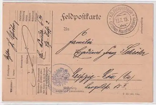 99622 Feldpostkarte KD Feldpostamt des großen Hauptquartier 1915