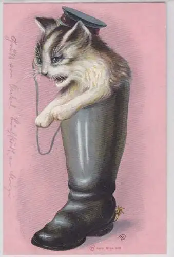 903638 Humor Ak Katze mit Mütze und Monokel in Stiefel 1903