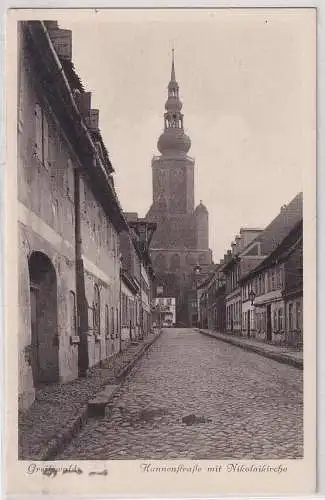 98354 Ak Greifswald Hunnenstrasse mit Nikolaikirche 1933