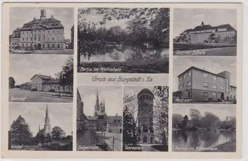 82655 Mehrbild Ak Burgstädt - Rathaus, Bahnhof, Kirche, Zentralschule 1941