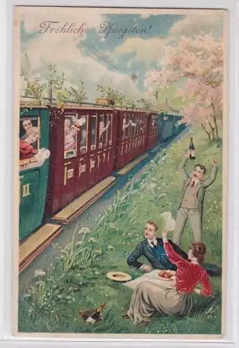 88251 Fröhliche Pfingsten Ak Picknick neben der Eisenbahn 1911